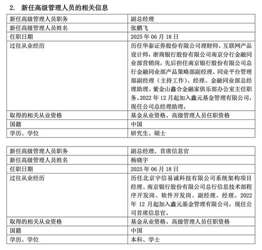 鑫元基金高管迎新：张鹏飞、杨晓宇出任副总经理，均来自南京银行
